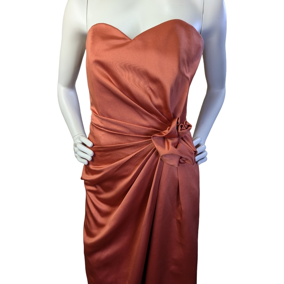 Burnt Orange Satin Strapless Cocktail Dress w/ Draped Rosette Detail, Size 6 - Picture 7 of 8